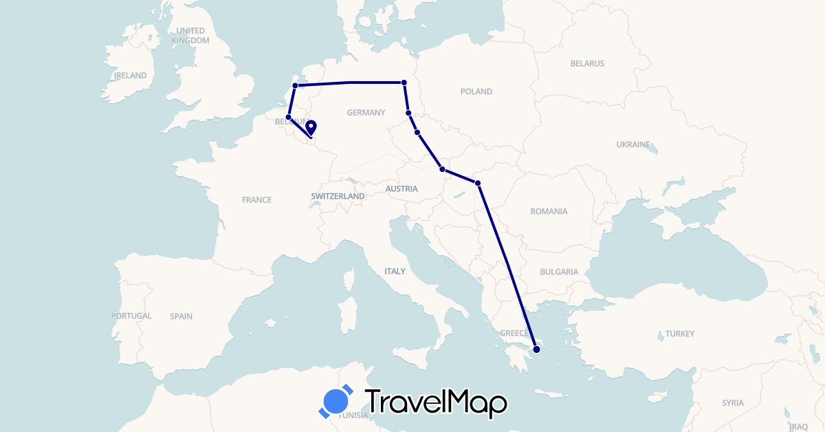 TravelMap itinerary: driving in Austria, Belgium, Czech Republic, Germany, Greece, Hungary, Luxembourg, Netherlands (Europe)